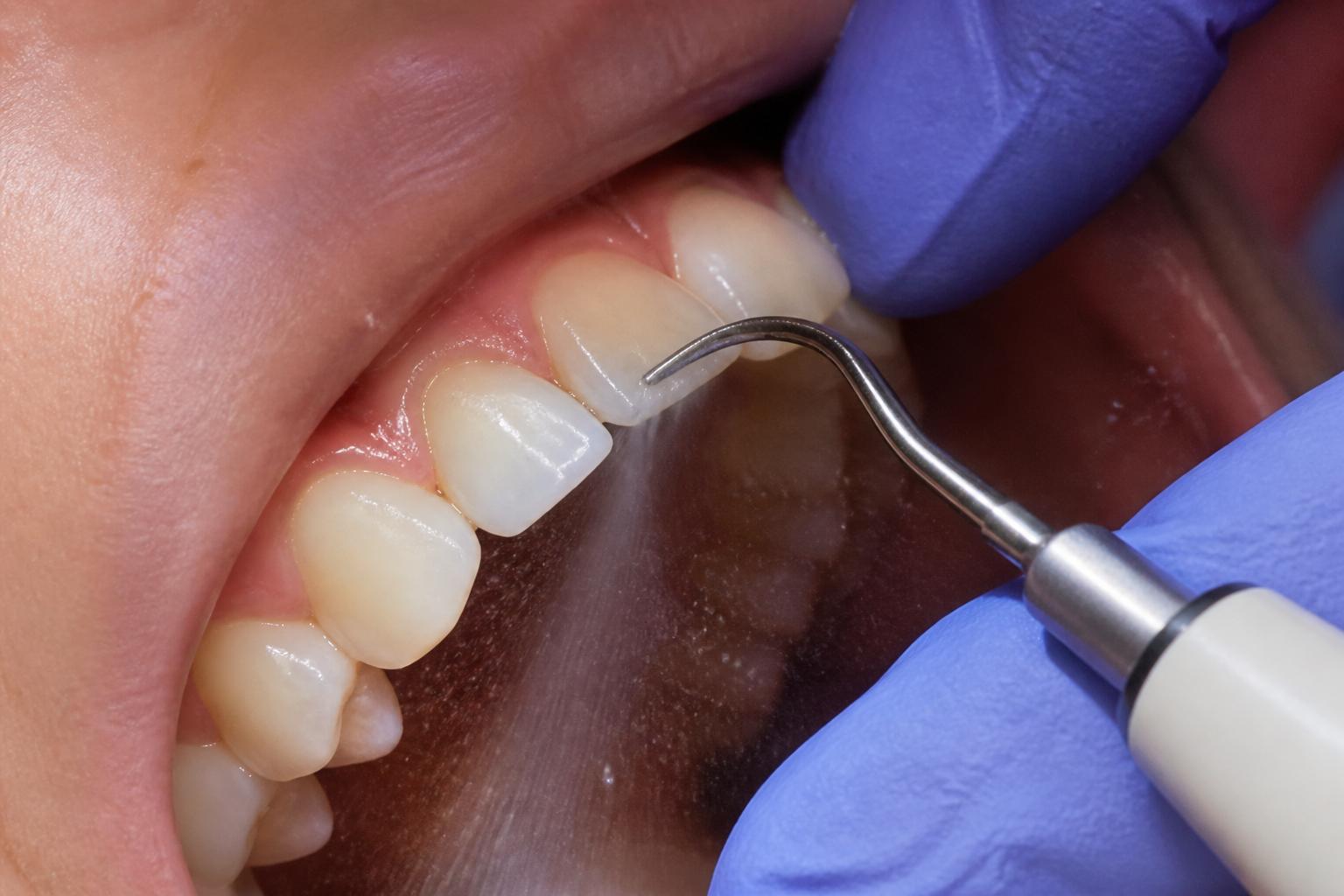 Scale and clean treatment on a tooth with an ultrasonic scaler