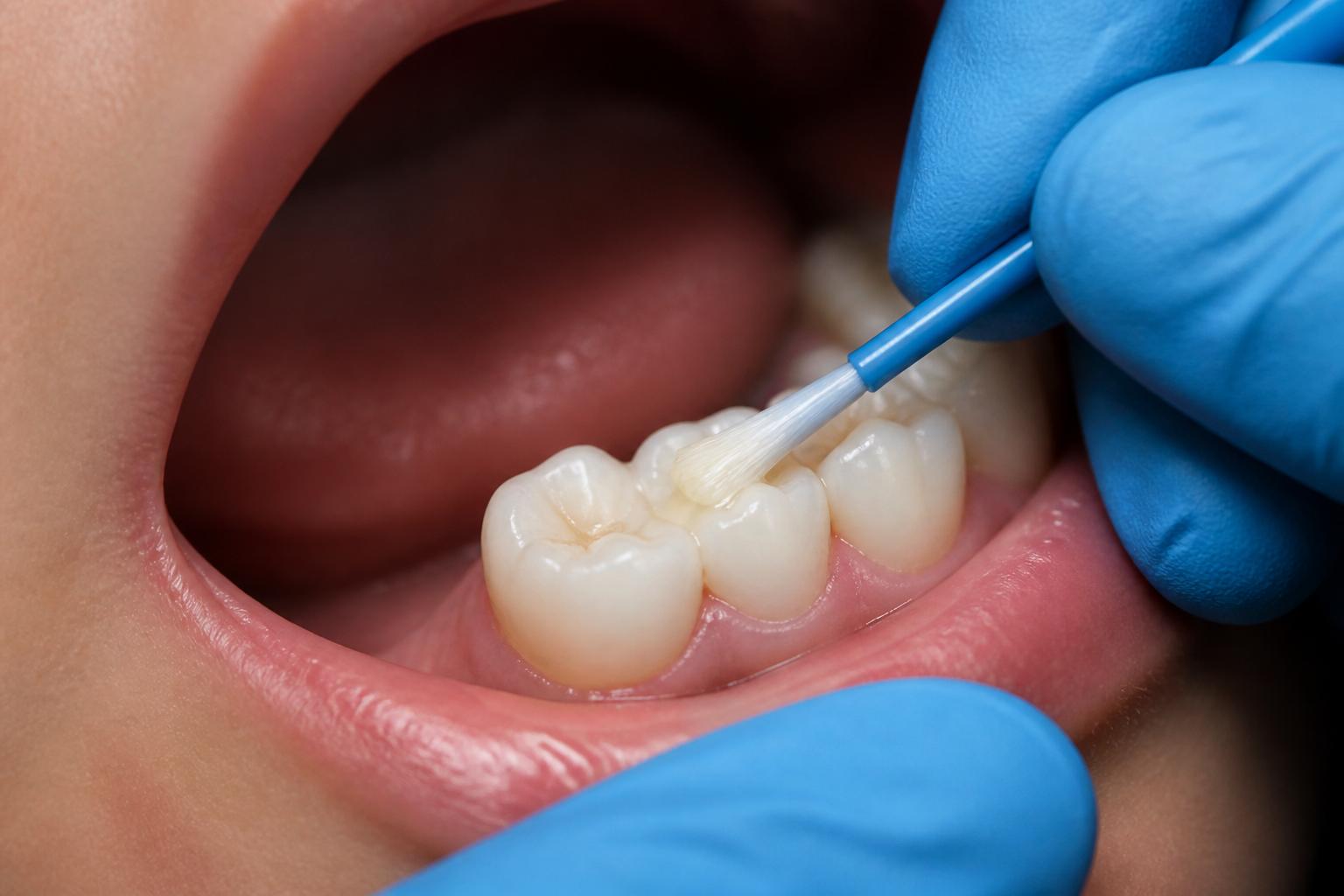 Fluoride varnish being applied to a child's molar