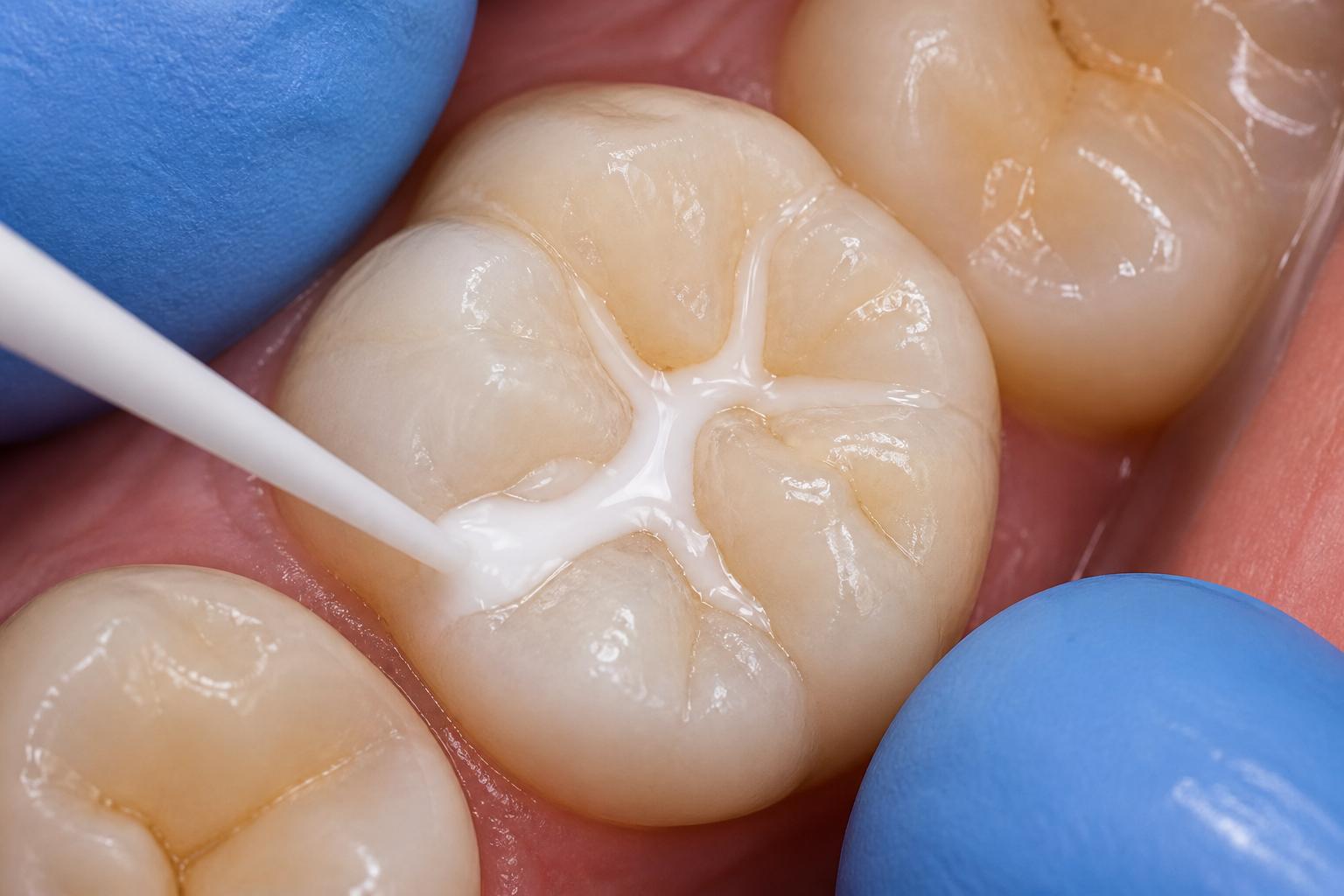 Fissure sealant being applied to the grooves of a molar